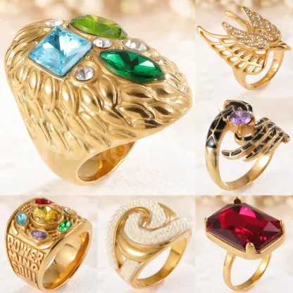 Vintage Multi-Gemstone Textured 24K Gold PVD Stainless Steel Titanium Women's Ring-JinBaoJewerly