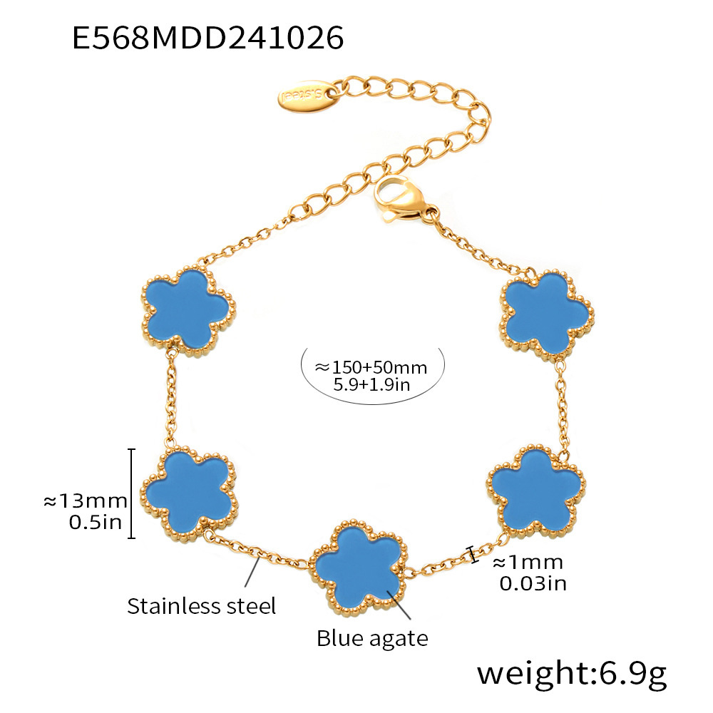 Multicolor Agate Five Petal Flower Stainless Steel Bracelet Light Luxury Gift for Best Friends Floral Chain Jewelry