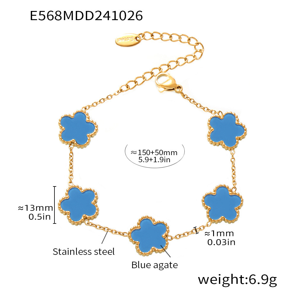 Multicolor Agate Five Petal Flower Stainless Steel Bracelet Light Luxury Gift for Best Friends Floral Chain Jewelry