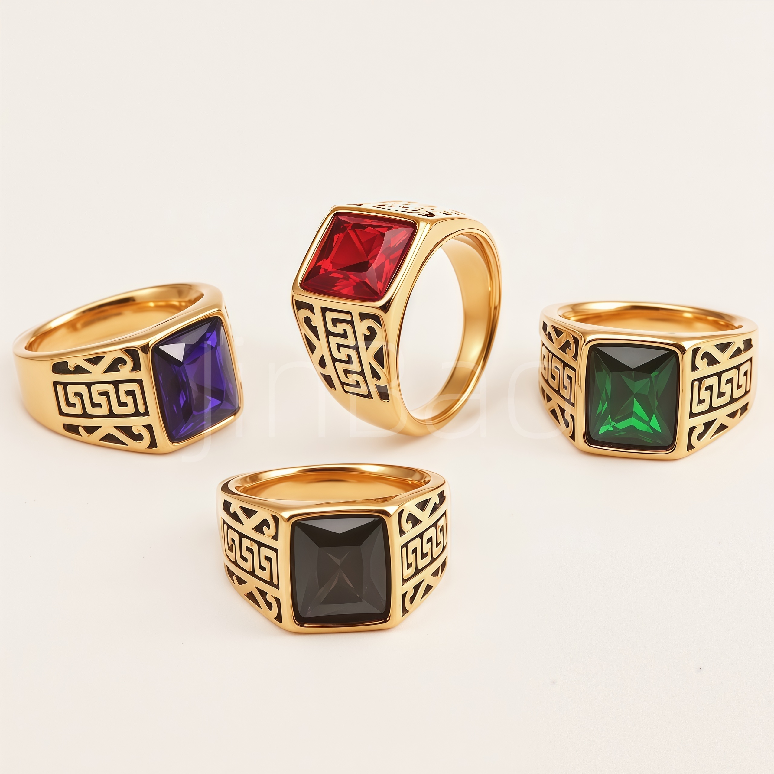 Vintage Chinese Totem 4-Color Gem Thick Gold Men's Ring | B136