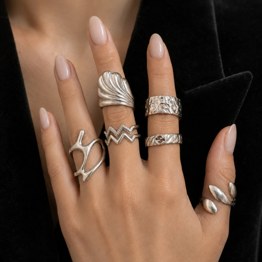 Minimalist Set of Irregular Steel-Colored Stainless Steel Rings Wholesale