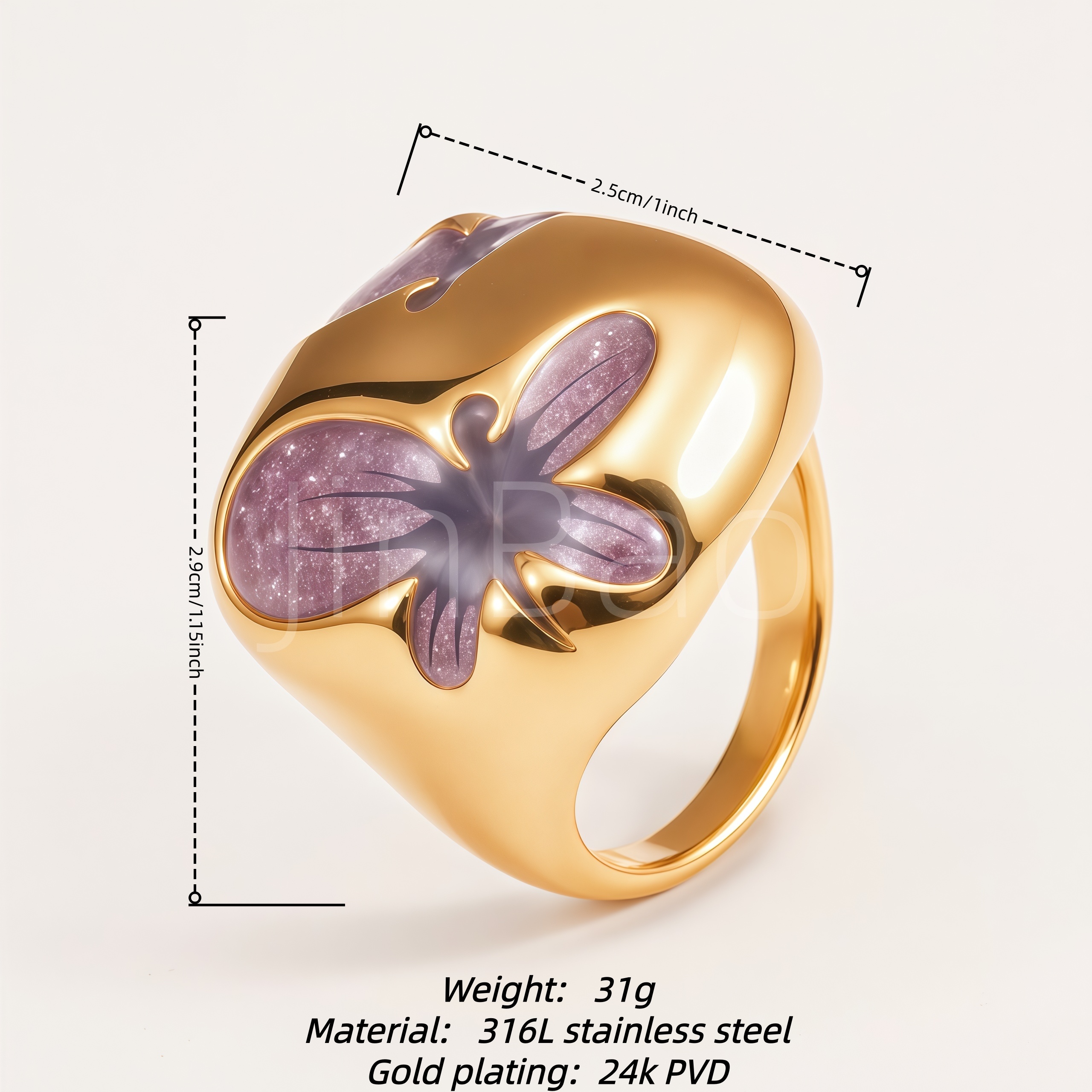 Purple Glitter Enamel Butterfly Chunky Dome Women's Ring | E00534