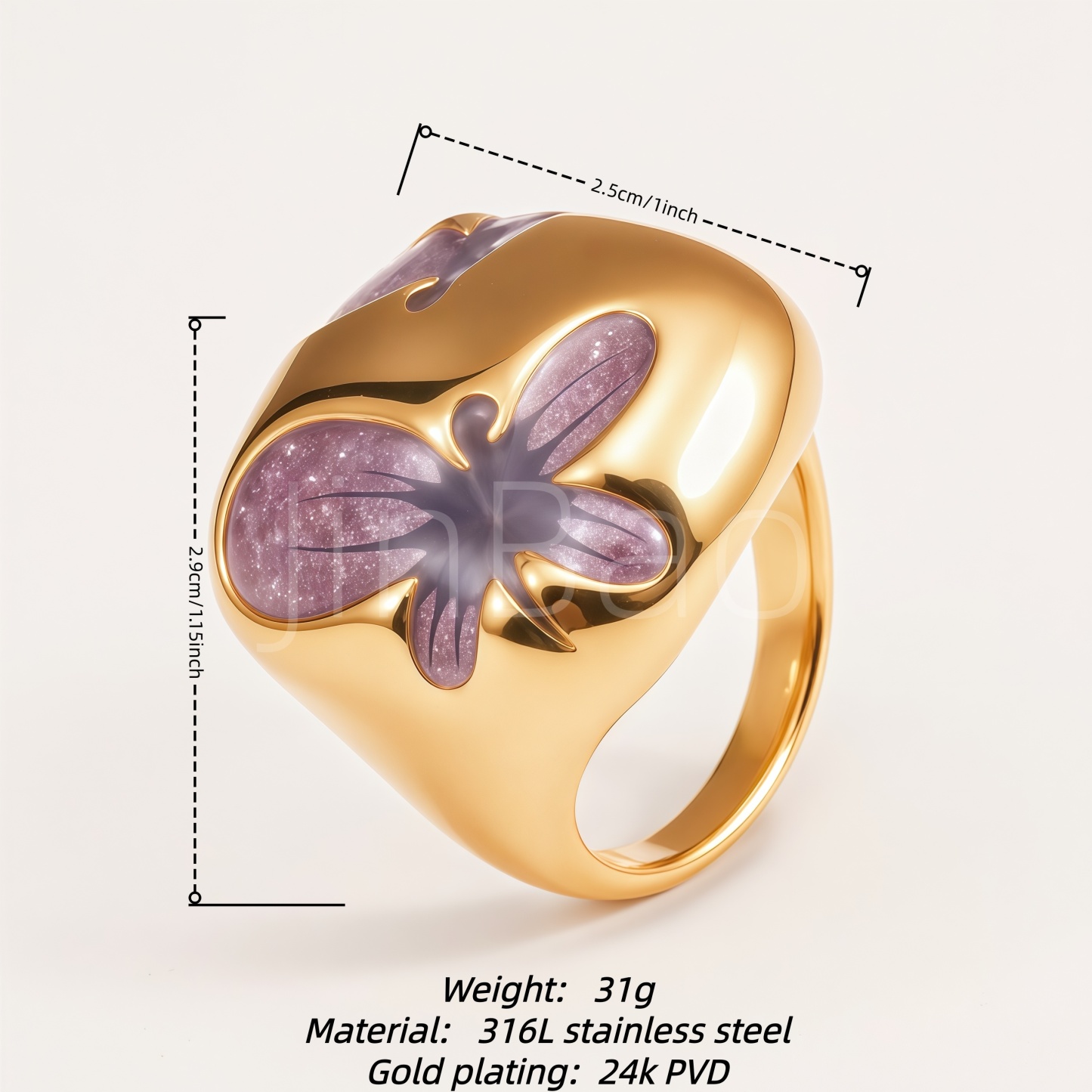 Purple Glitter Enamel Butterfly Chunky Dome Women's Ring | E00534