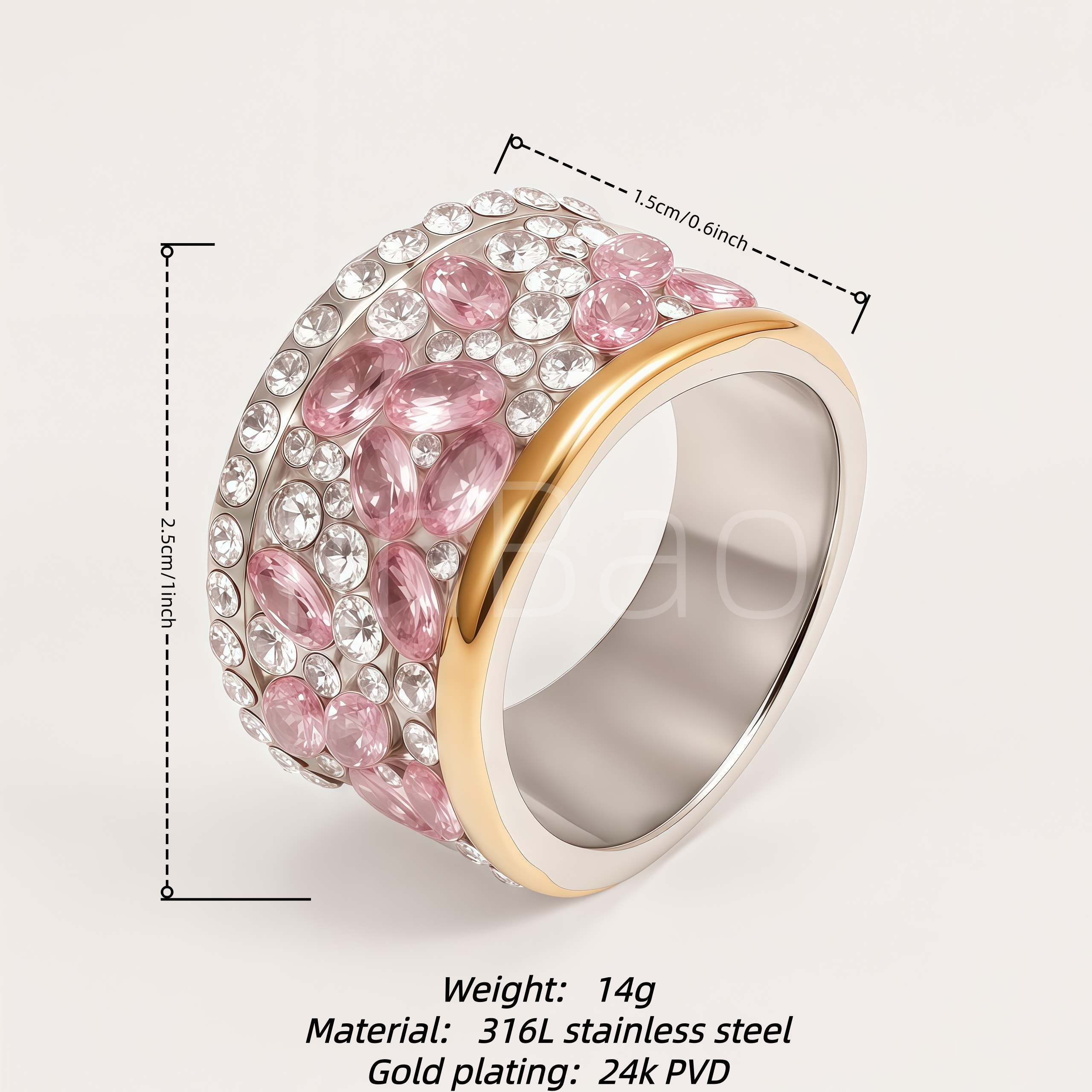 Luxurious Full Pink White CZ Two-Tone Women Ring | B0086