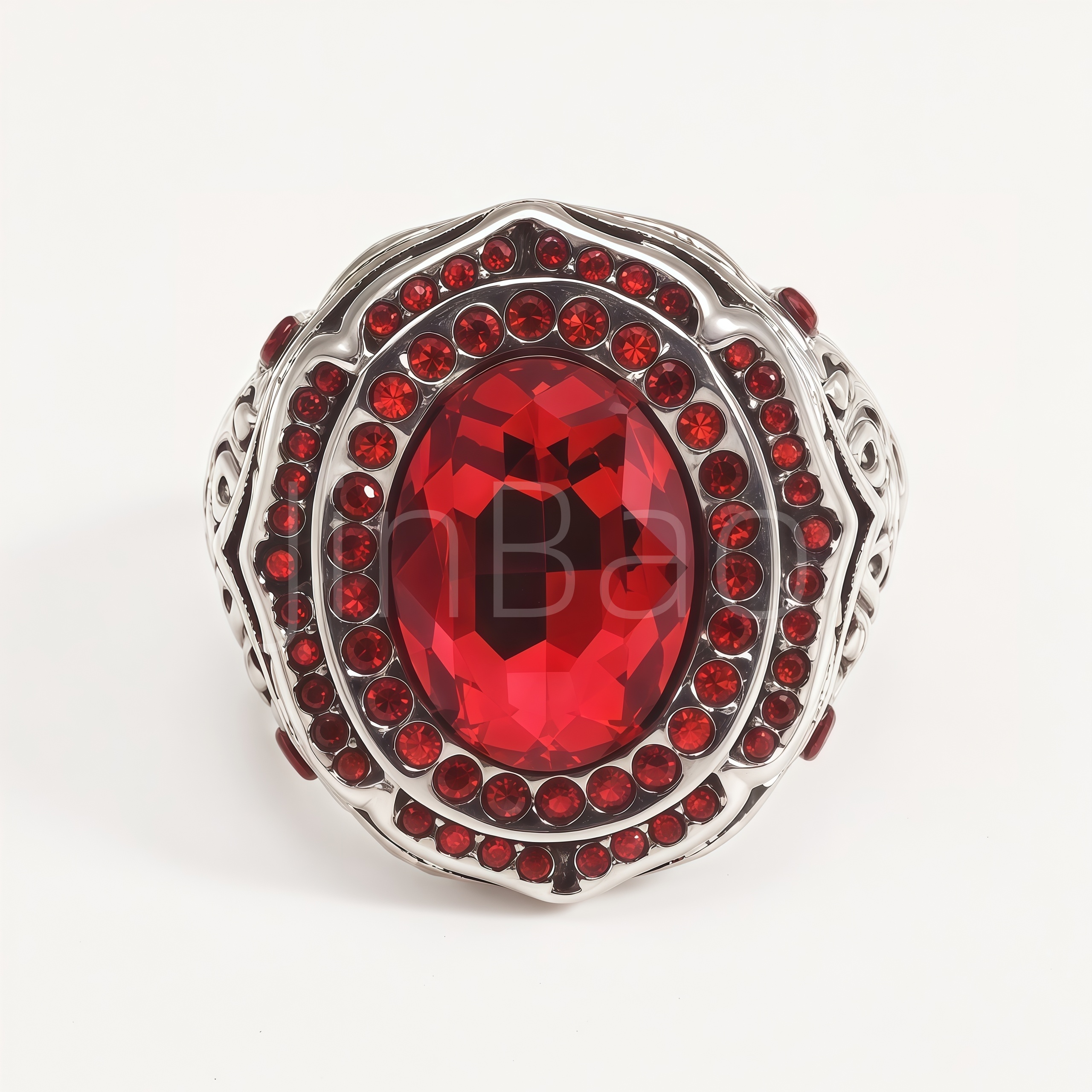 Oval Red CZ Multi‑Halo Vintage Filigree Men Ring | B180