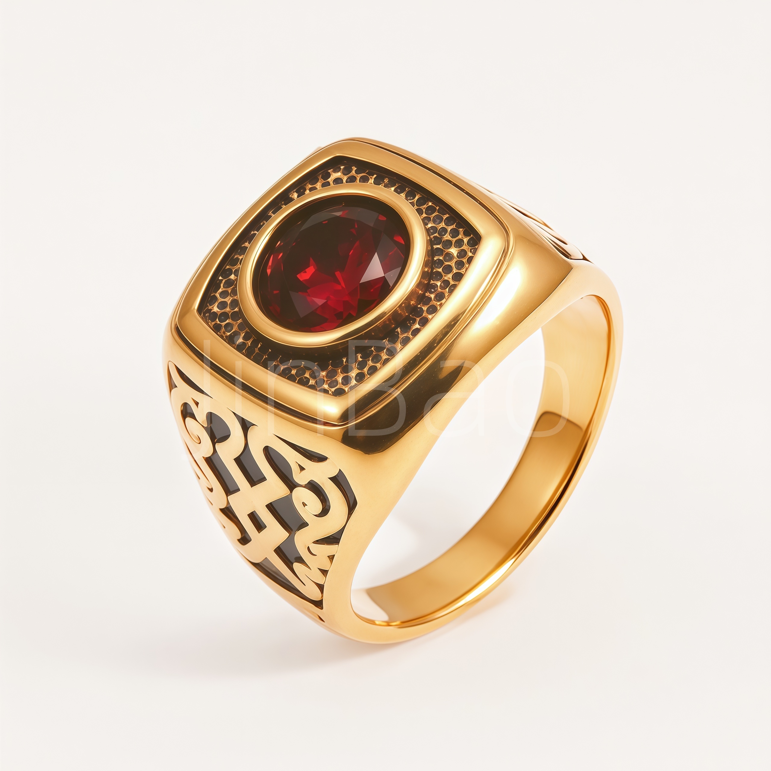 Red CZ Honeycomb‑Textured Men Ring | 