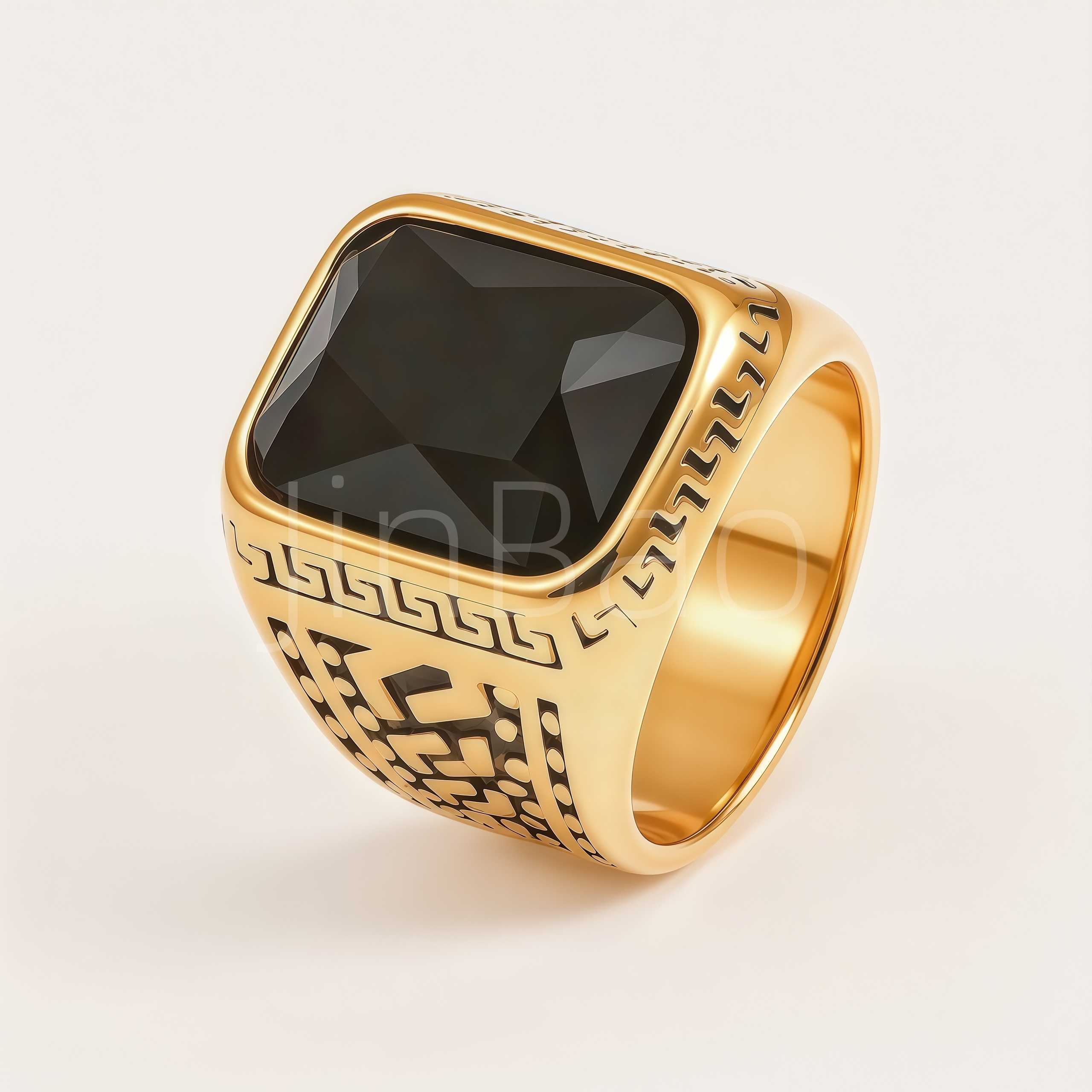 Vintage Greek Key Engraved Square Gemstone Signet Ring for Men | B135