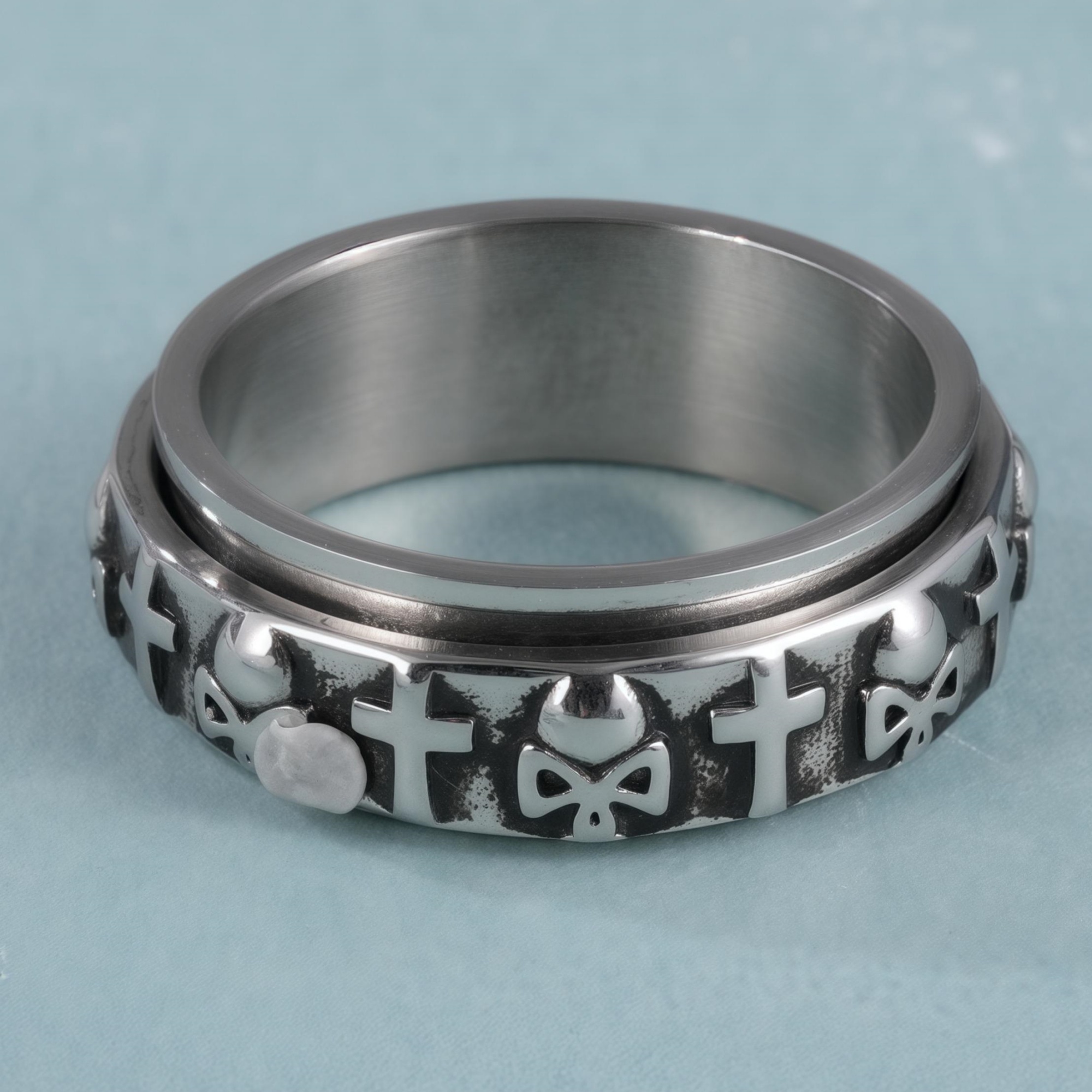 Vintage Hip-Hop Punk Skull Cross Design Rotating Stainless Steel Ring丨G002600-JinBaoJewerly