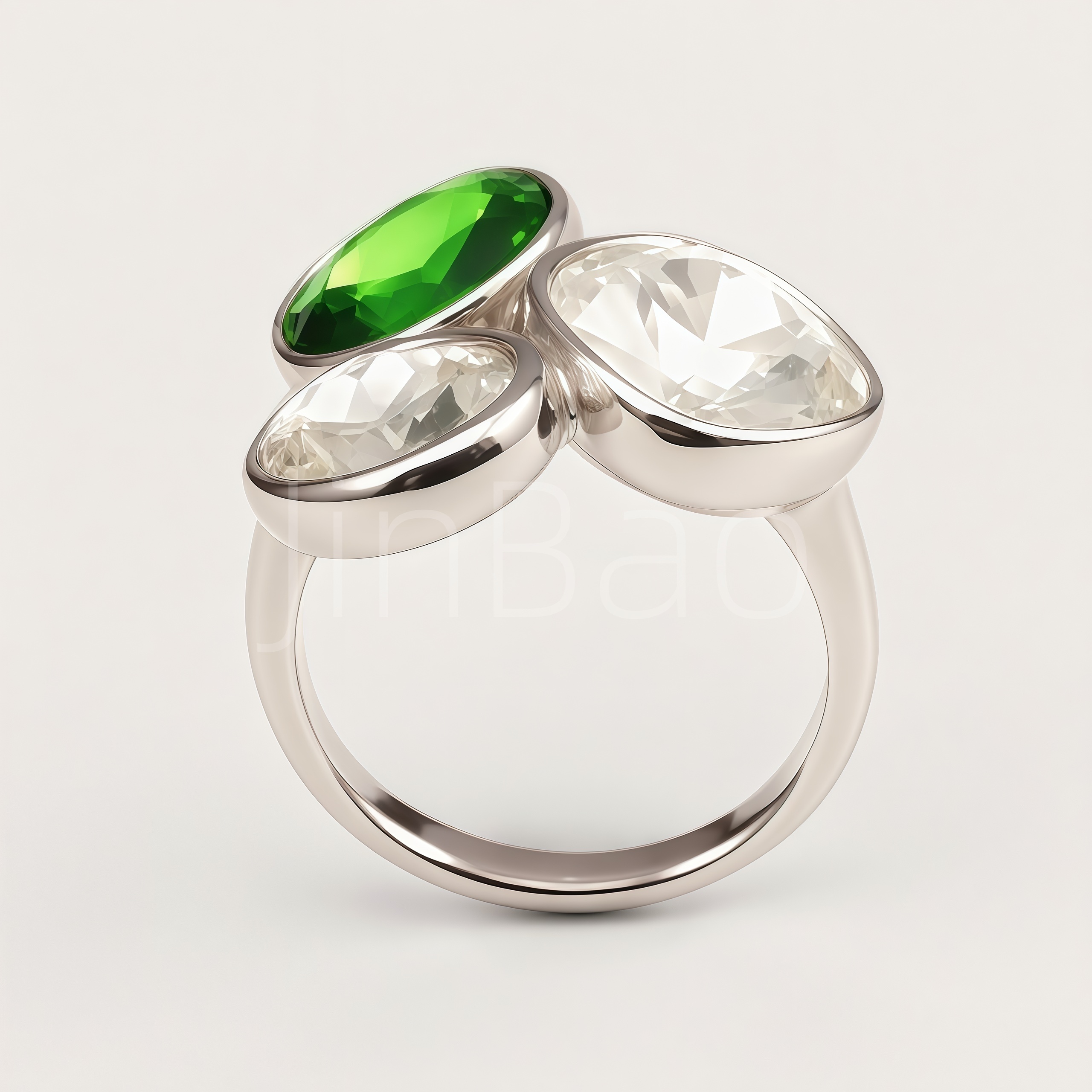 Three-Stone Green & Clear Oval CZ Bezel Cluster Ring for Women| N002799