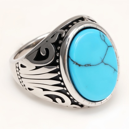 Silver - Inlaid Gemstone Carved Ring - Retro and Trendy Jewelry | K00680GH-JinBaoJewerly