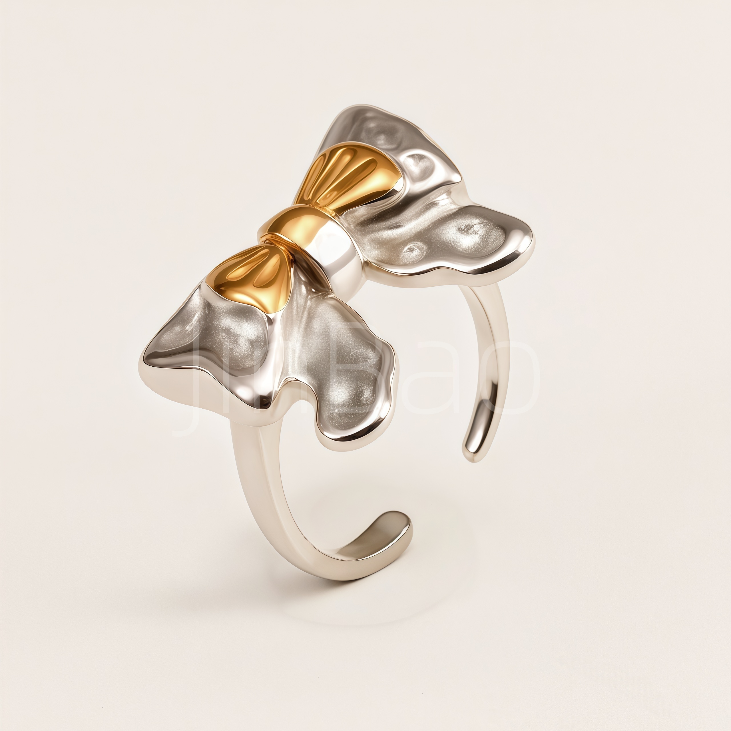 Chunky Textured Two-Tone Bow Luxury Open Ring for Women | E00482