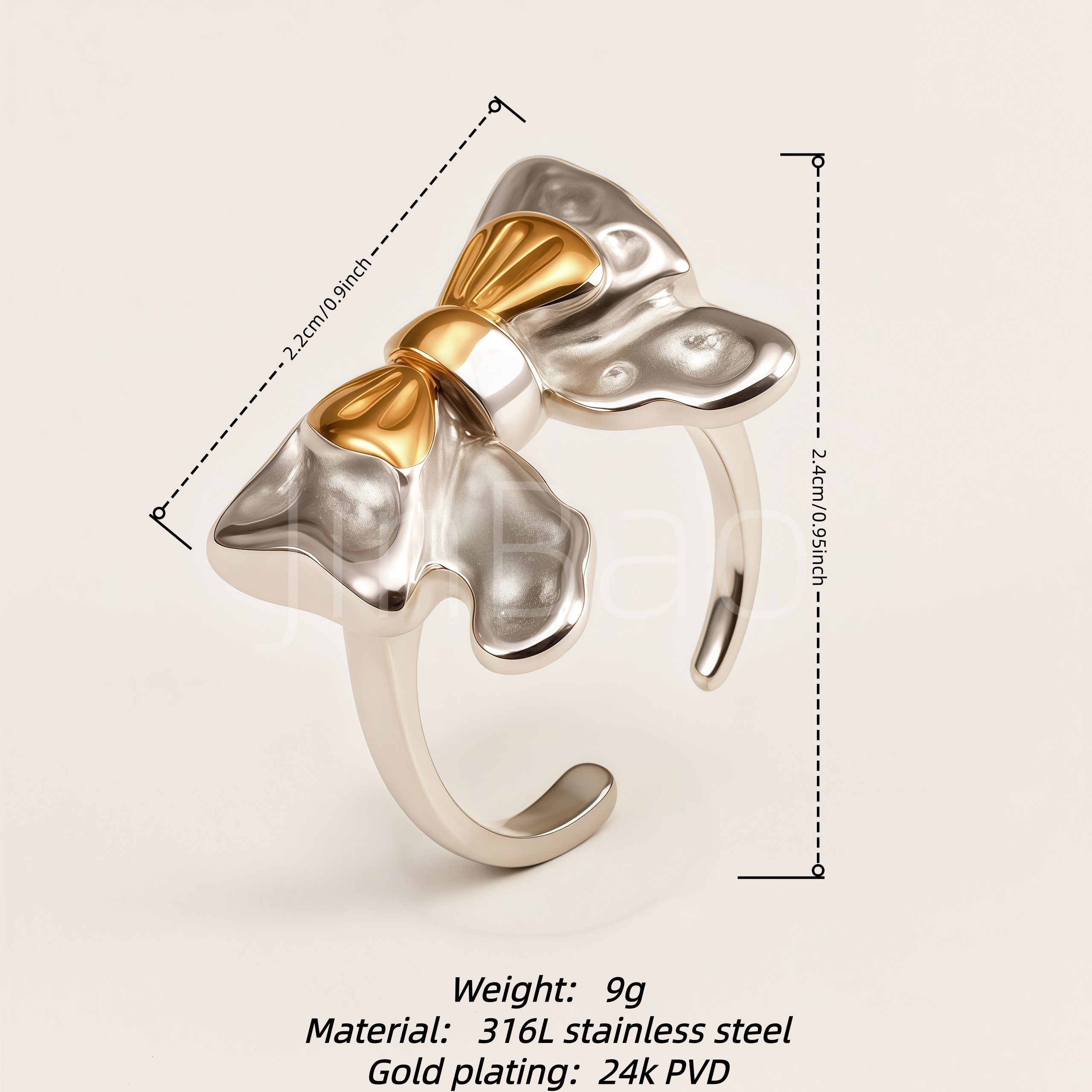Chunky Textured Two-Tone Bow Luxury Open Ring for Women | E00482