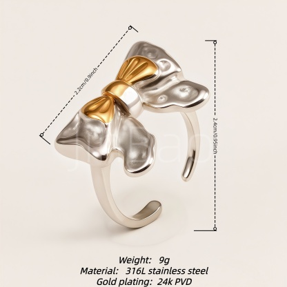 Chunky Textured Two-Tone Bow Luxury Open Ring for Women | E00482
