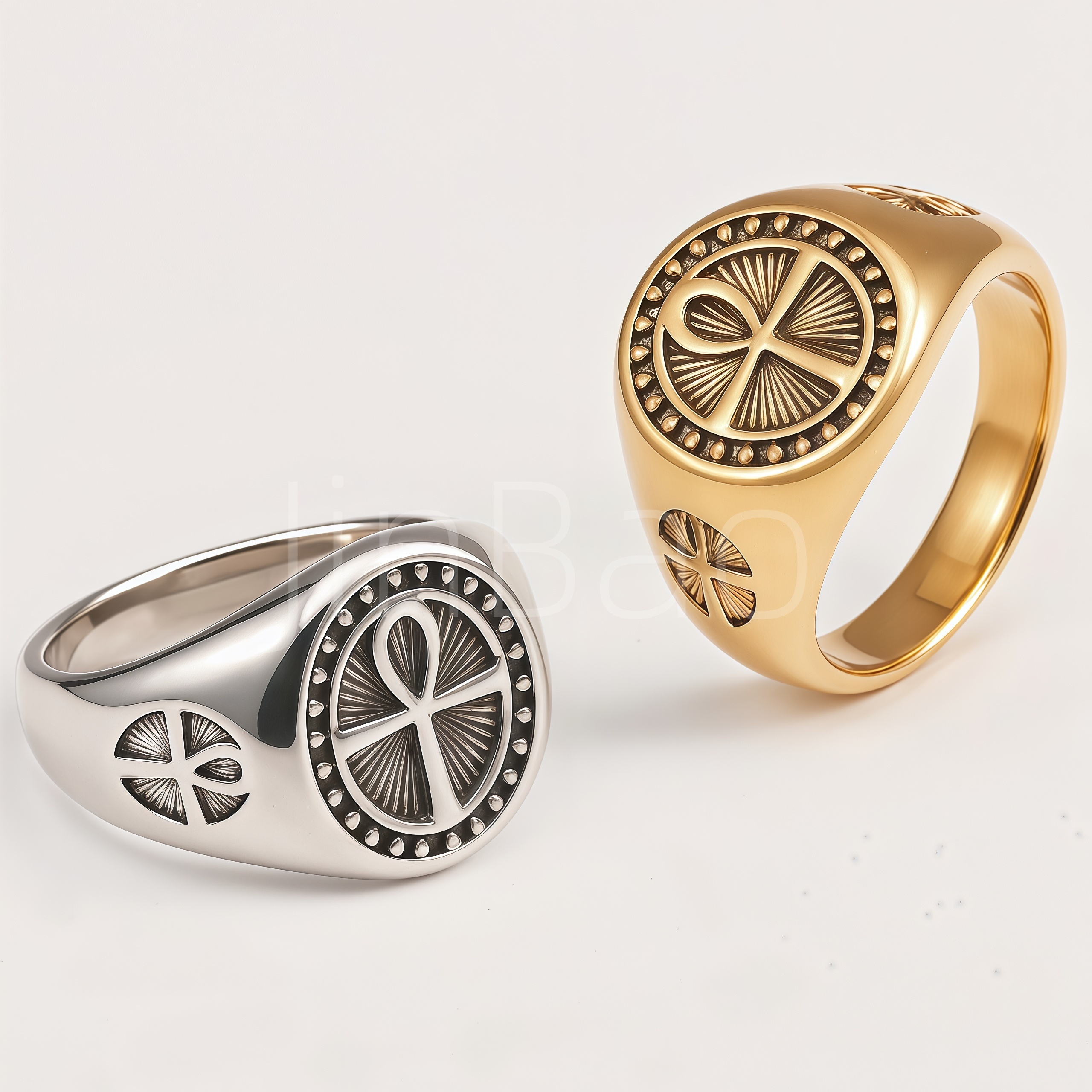 Retro Egyptian Ankh Symbol Round Gold Silver Men Ring | D0500