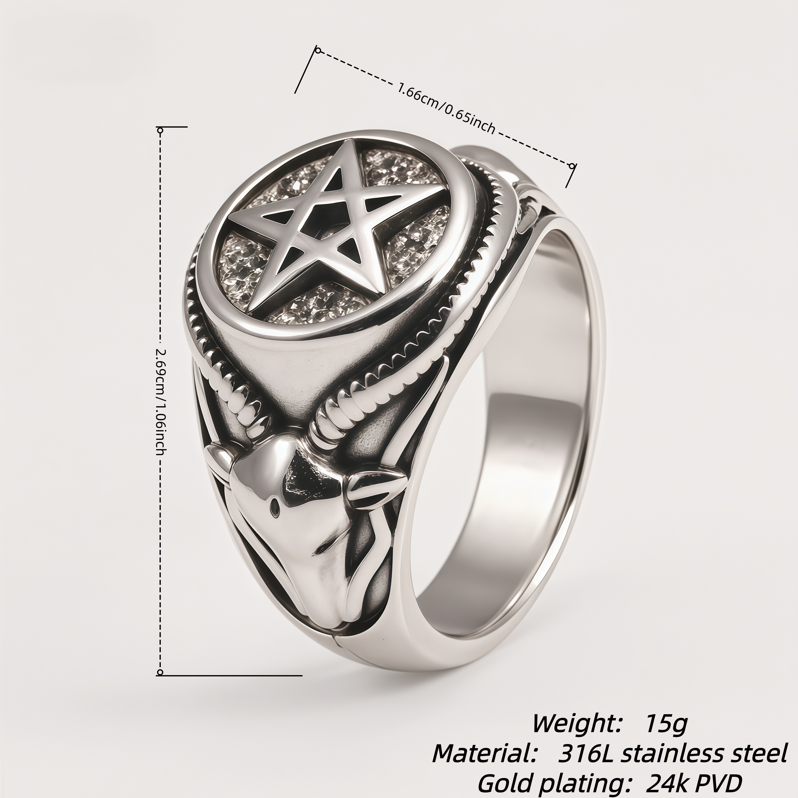 Men's Stainless Steel Dark Goat Horn & Pentagram Retro Punk Ring