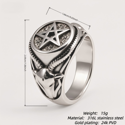 Men's Stainless Steel Dark Goat Horn & Pentagram Retro Punk Ring