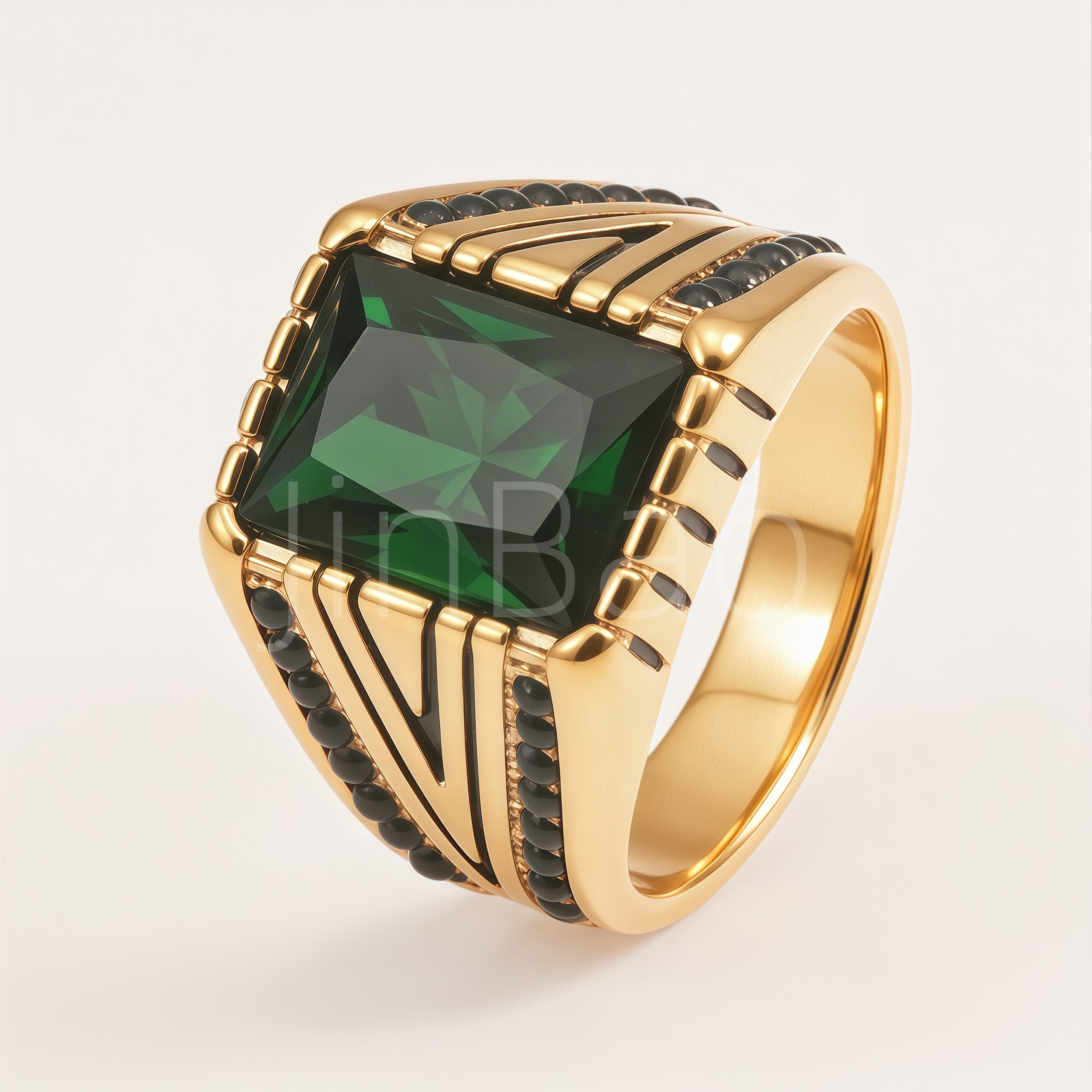 Men Gold Emerald Statement Biker Ring | B133