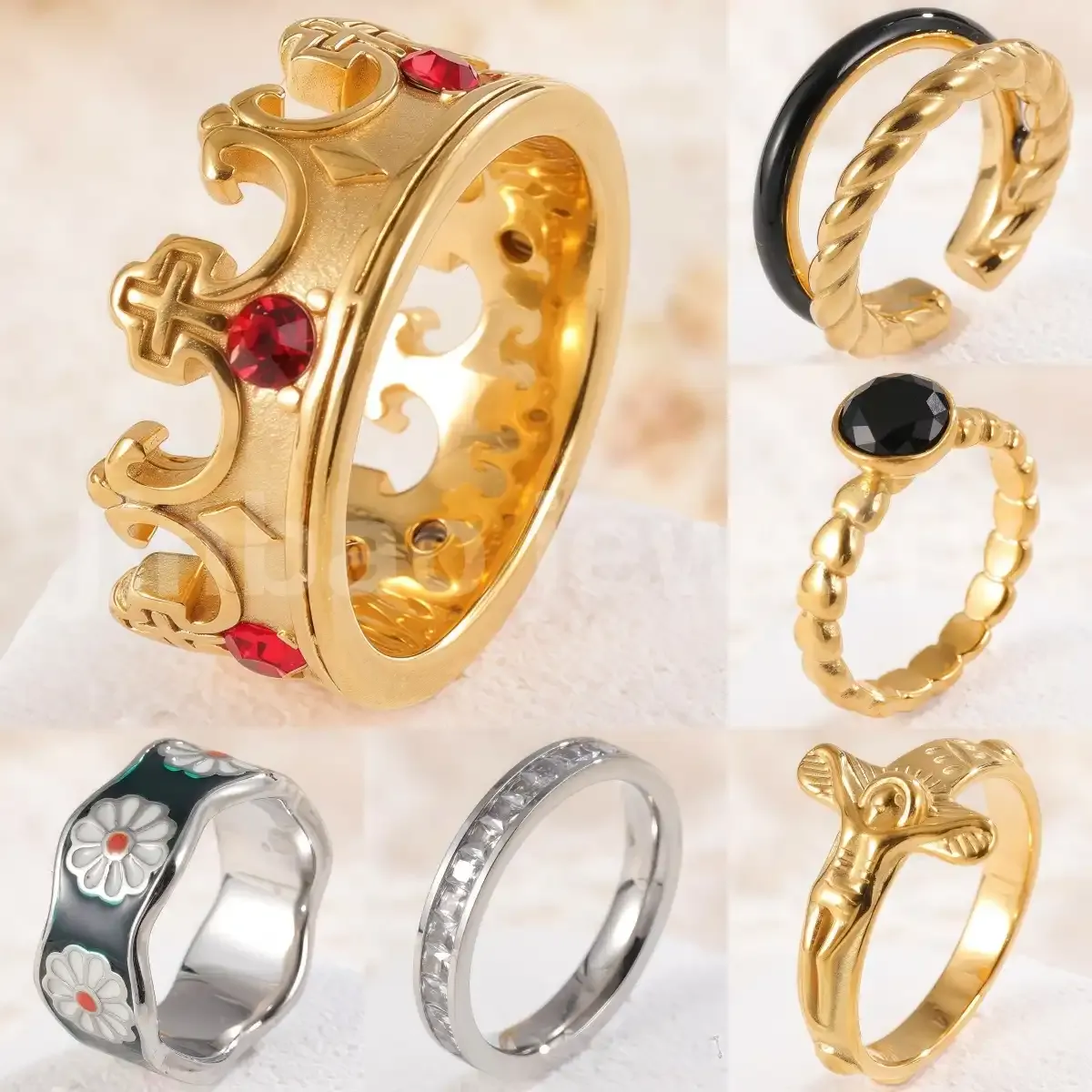 Crown Gemstone & Floral Cross 24K Gold PVD Stainless Steel Titanium Women's Ring.-JinBaoJewerly