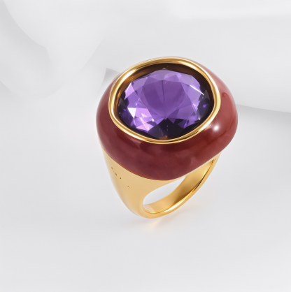 Vintage Stainless Steel Gemstone Ring Colorful Resin Oval Women Ring | G004606