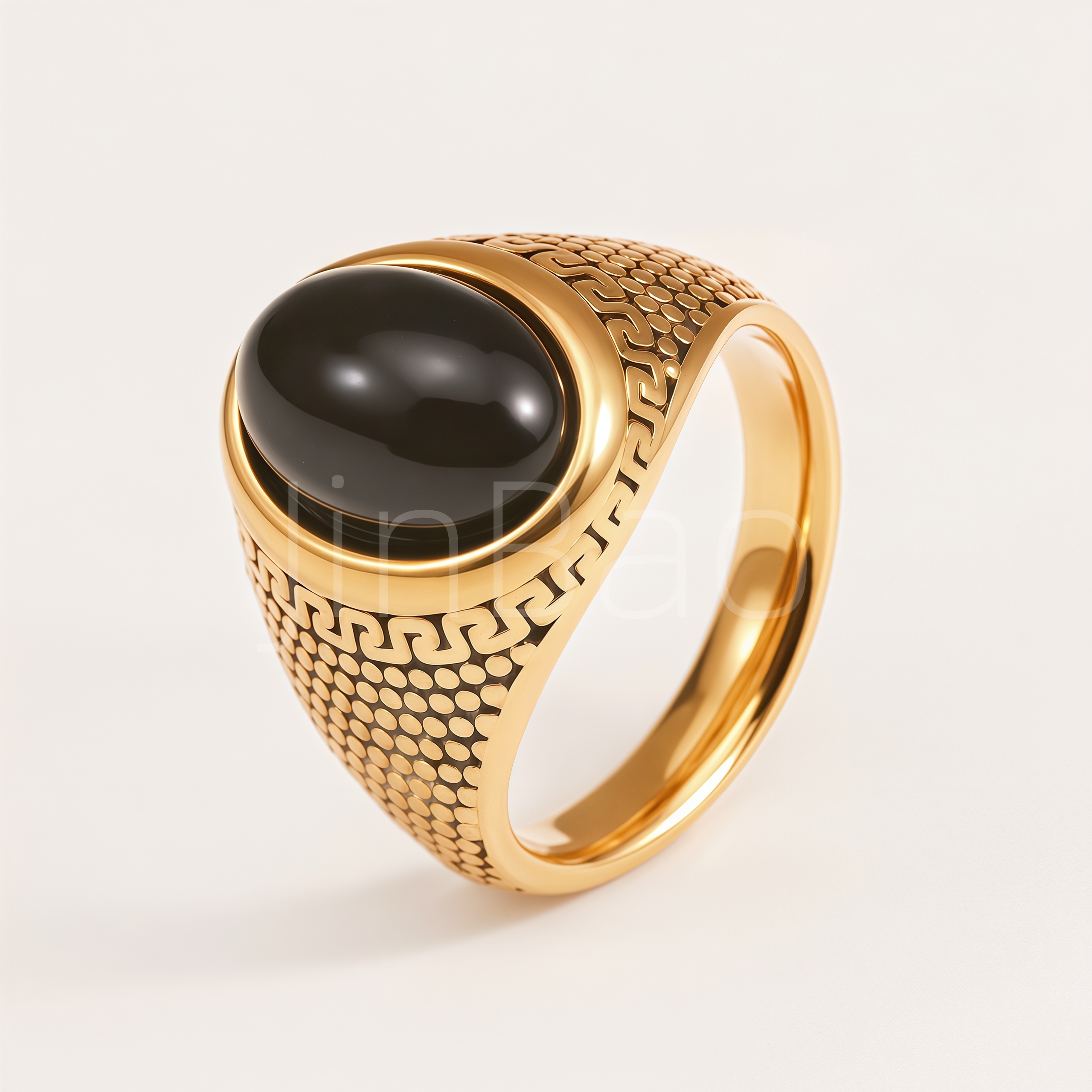 Vintage Carved Black Onyx Stainless Steel Men Finger Ring