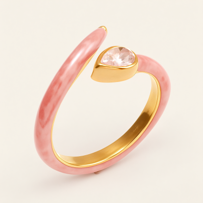 Sweet - Style Pink Enamel Diamond - Set Stainless Steel Ring - Trendy Women's Jewelry | N001629JL-JinBaoJewerly