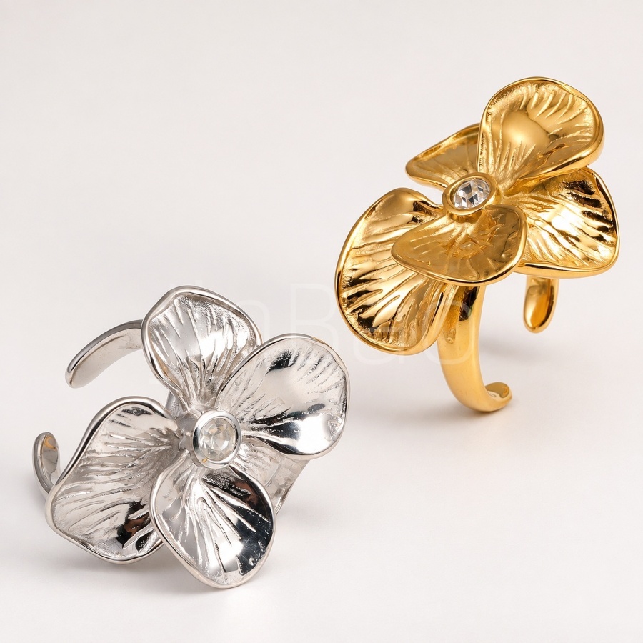 Textured Petal Flower Open Ring with Crystal for Women | E00597
