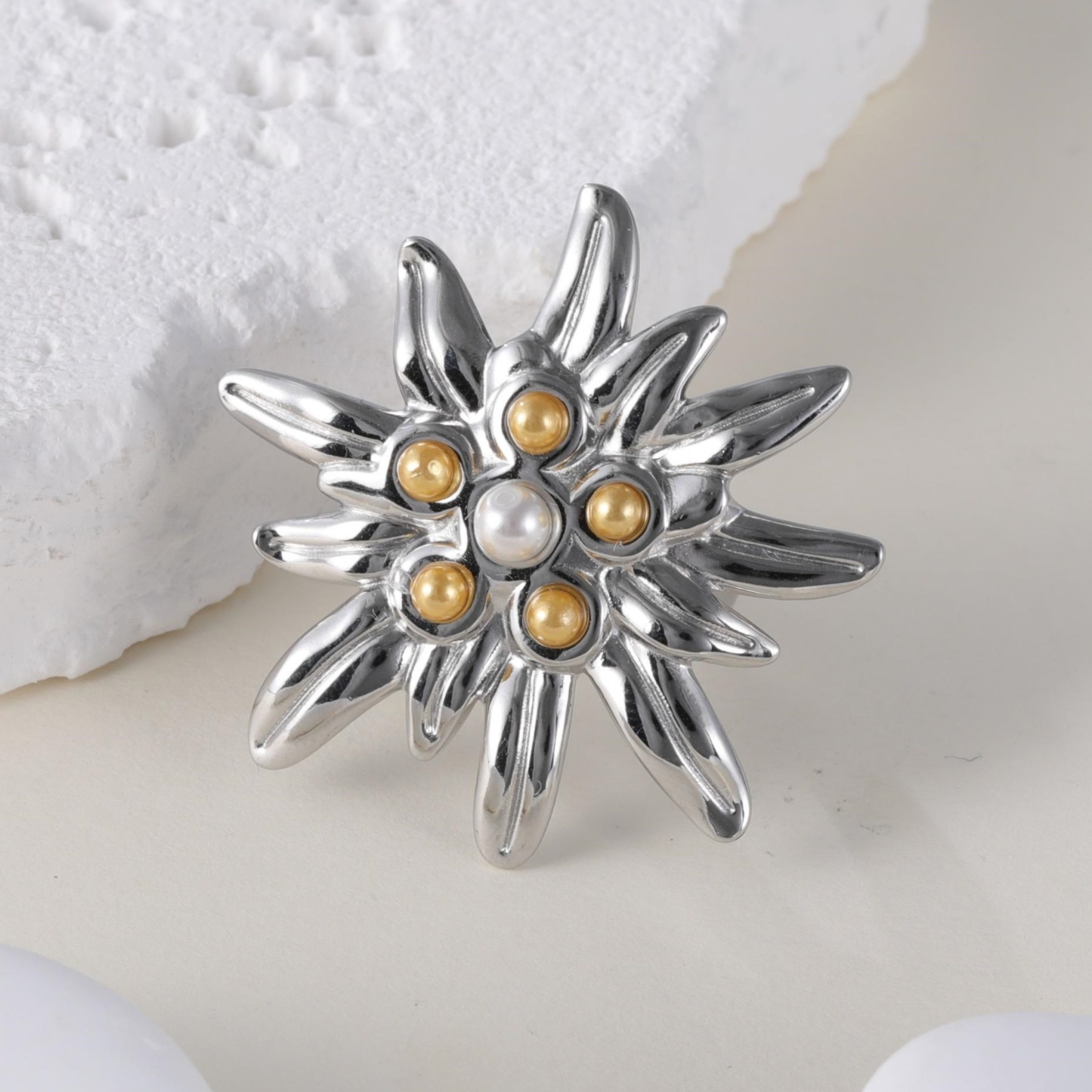 Elegant Ladies Flower Pearl Stainless Steel Ladies Waterproof Ring丨K003674-JinBaoJewerly