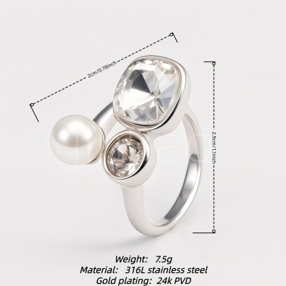 Asymmetric Pearl & Dual Zircon Statement Ring for Women | 