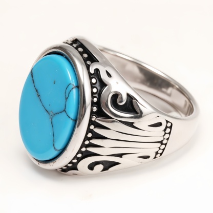 Silver - Inlaid Gemstone Carved Ring - Retro and Trendy Jewelry | K00680GH-JinBaoJewerly