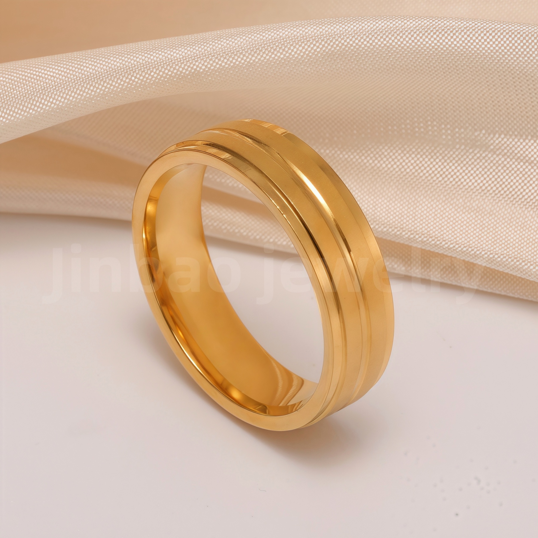 24K Gold-Plating Stainless Steel Minimalist Textured Trendy Men's Waterproof Ring  6MM-JinBaoJewerly