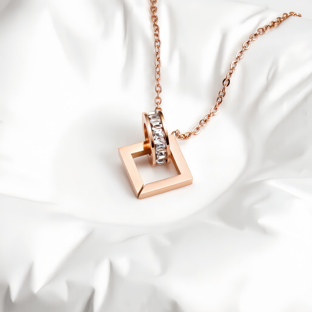 Rose Gold Interlocking Square and Ring Pendant Necklace