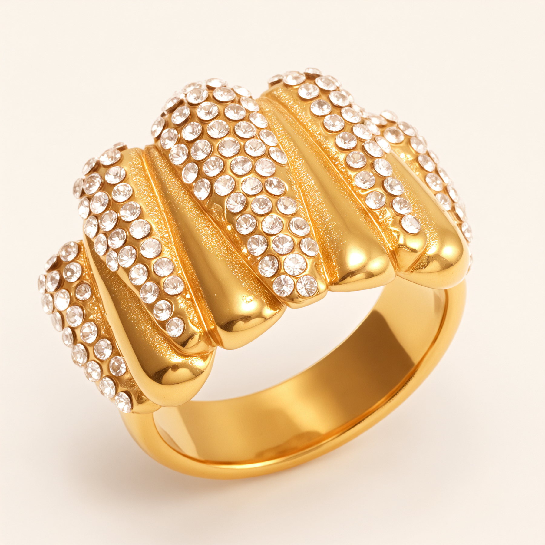 Diamond - Set Fan - Shaped Gold Ring, Stainless Steel Party Fashion Jewelry | G003974-JinBaoJewerly