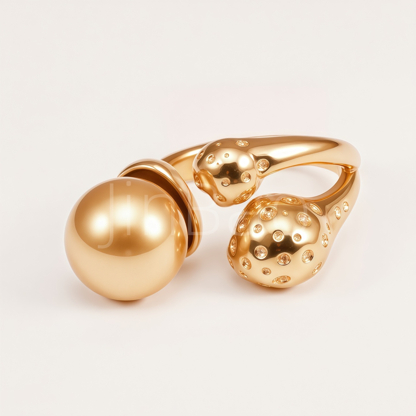 Hammered Textured Bud Golden Imitation Pearl Women's Ring | E00551