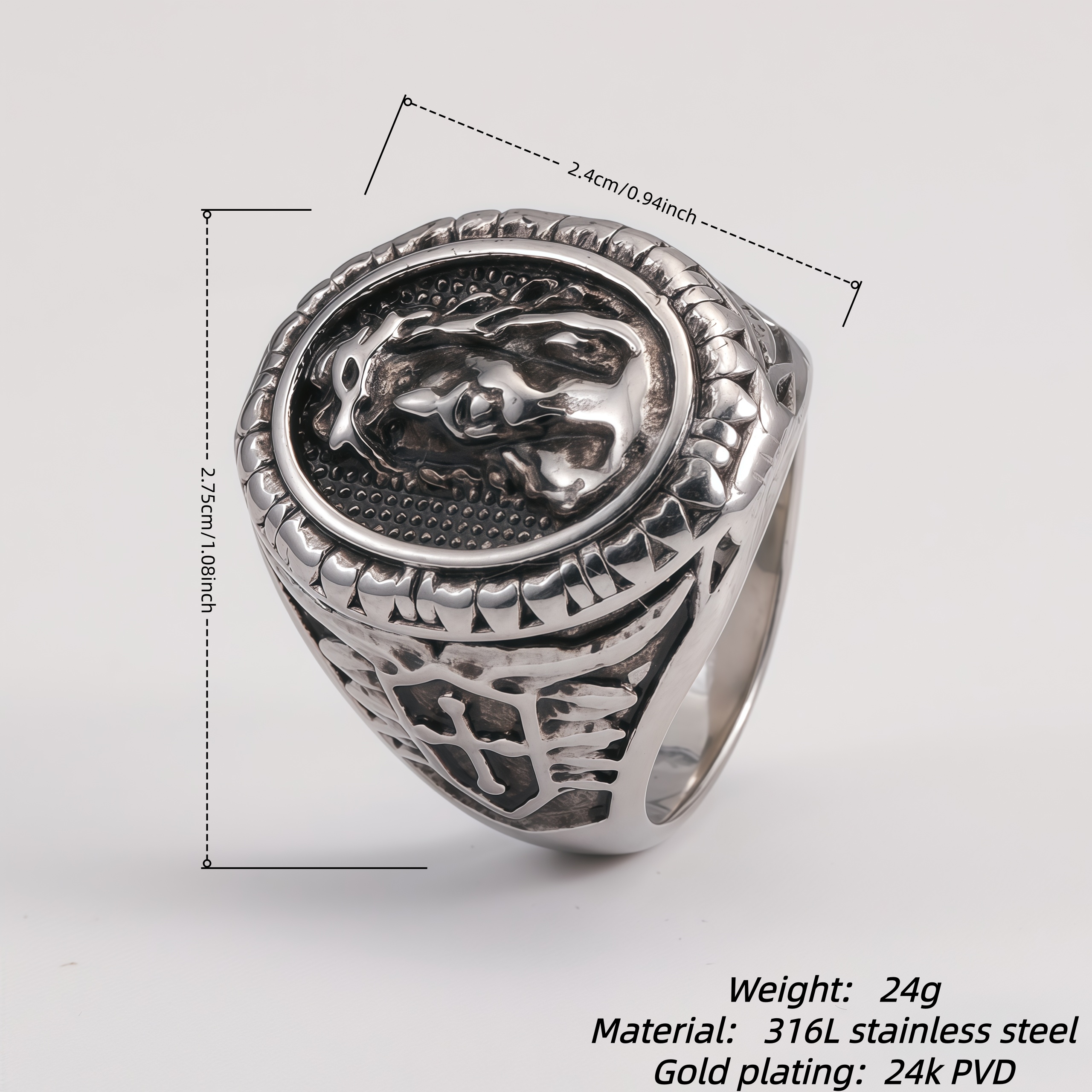 Vintage Antique Stainless Steel Jesus Head Men's Ring | G00804