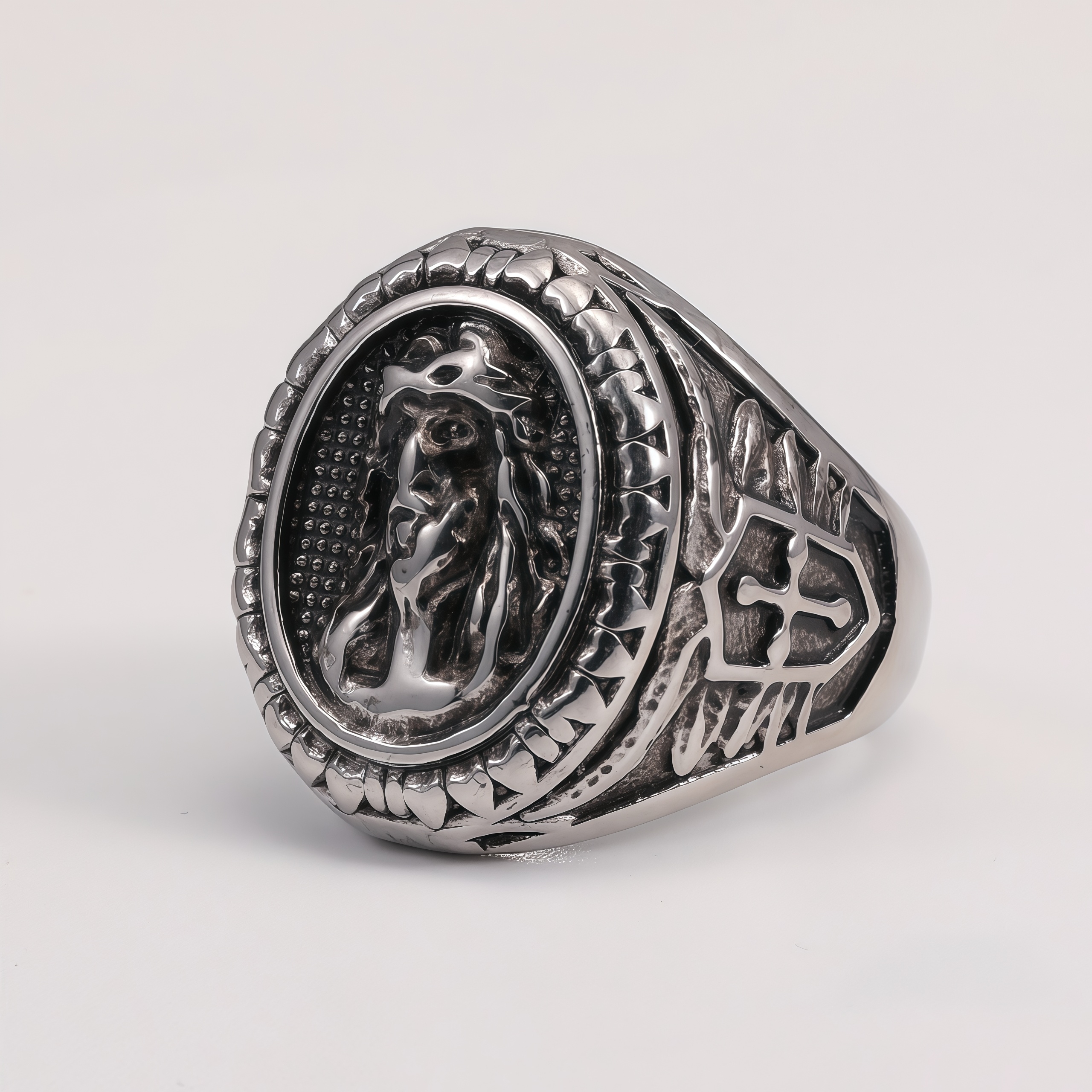 Vintage Antique Stainless Steel Jesus Head Men's Ring | G00804