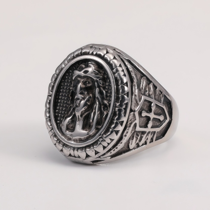 Vintage Antique Stainless Steel Jesus Head Men's Ring | G00804