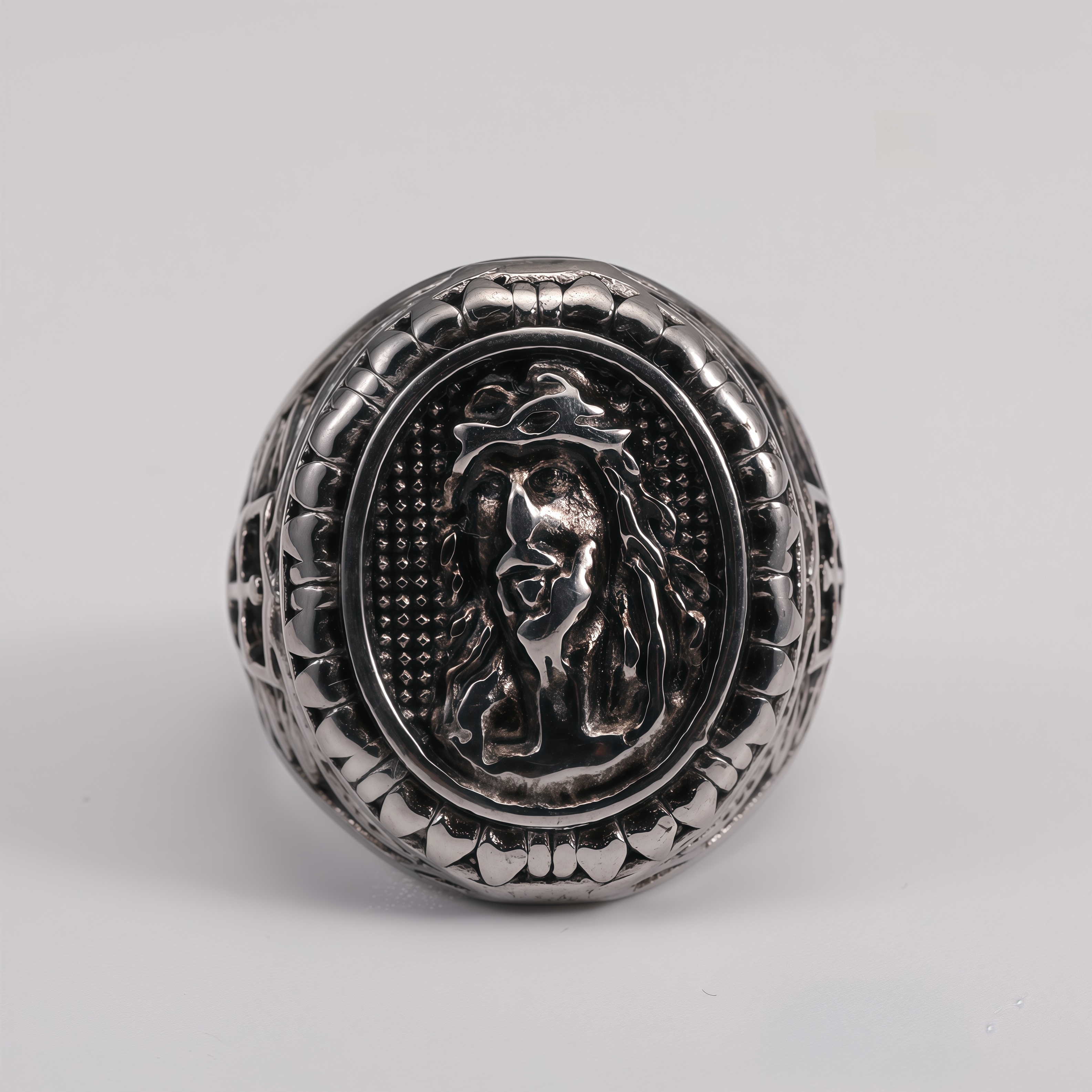 Vintage Antique Stainless Steel Jesus Head Men's Ring | G00804