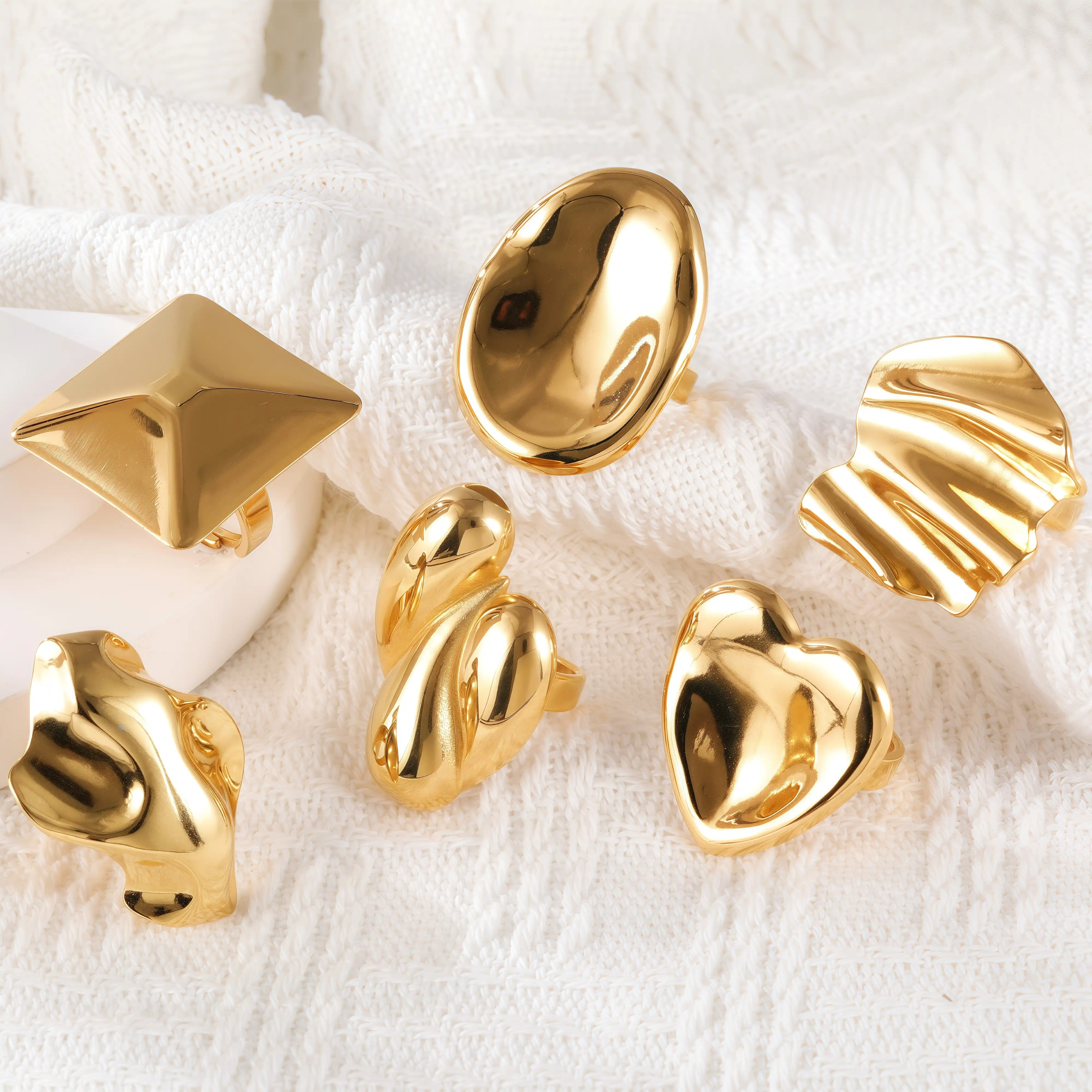24K Gold-Plating Geometric Pleated Adjustable Design Trendy Women's Waterproof Ring-JinBaoJewerly