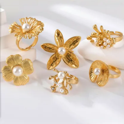 24K Gold-Plating Pearl Flower Stainless Steel Women's Ring-JinBaoJewerly