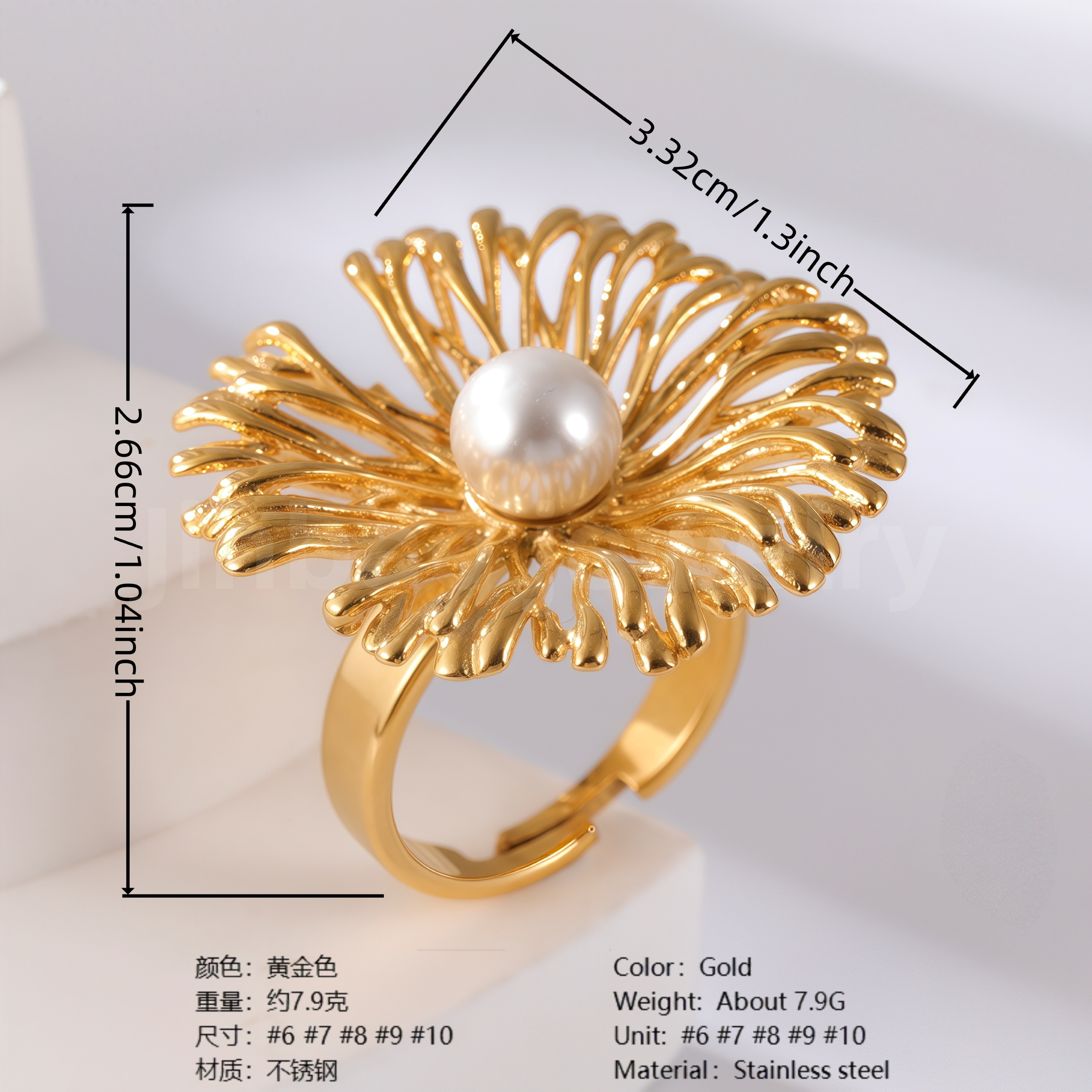 24K Gold-Plating Pearl Flower Stainless Steel Women's Ring-JinBaoJewerly