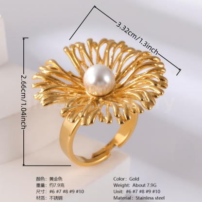 24K Gold-Plating Pearl Flower Stainless Steel Women's Ring-JinBaoJewerly