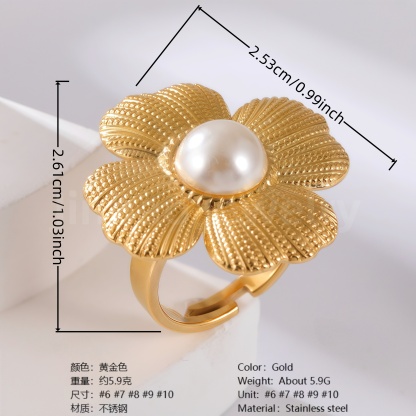 24K Gold-Plating Pearl Flower Stainless Steel Women's Ring-JinBaoJewerly