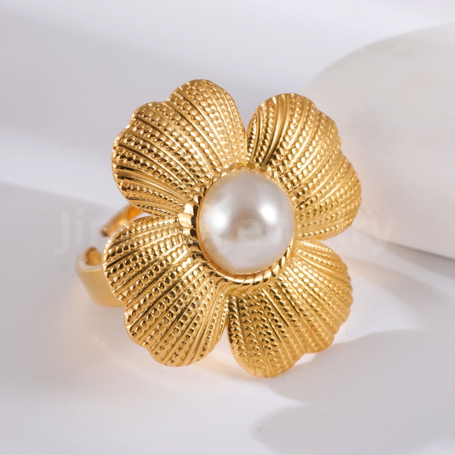24K Gold-Plating Pearl Flower Stainless Steel Women's Ring-JinBaoJewerly