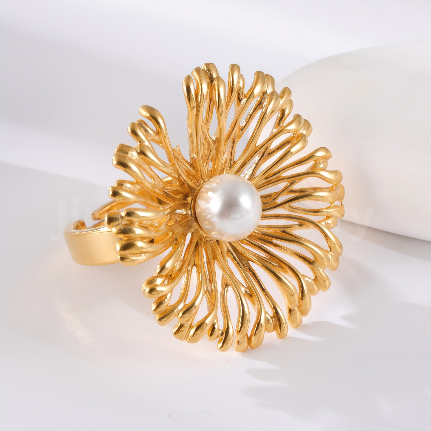 24K Gold-Plating Pearl Flower Stainless Steel Women's Ring-JinBaoJewerly