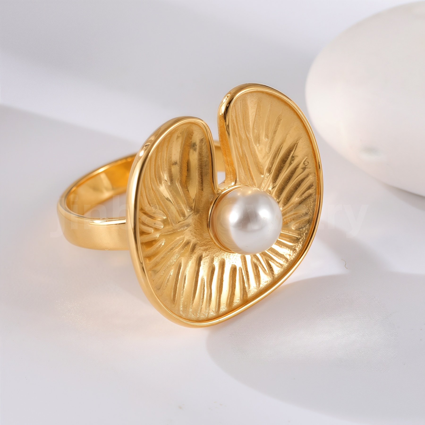 24K Gold-Plating Pearl Flower Stainless Steel Women's Ring-JinBaoJewerly