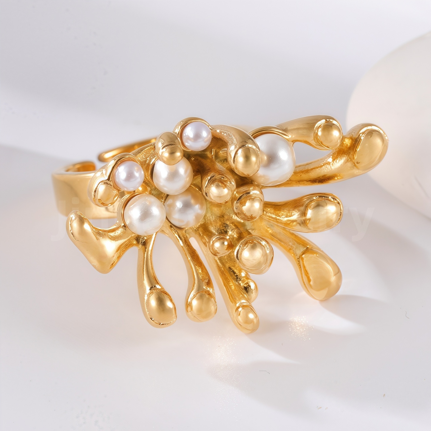 24K Gold-Plating Pearl Flower Stainless Steel Women's Ring-JinBaoJewerly