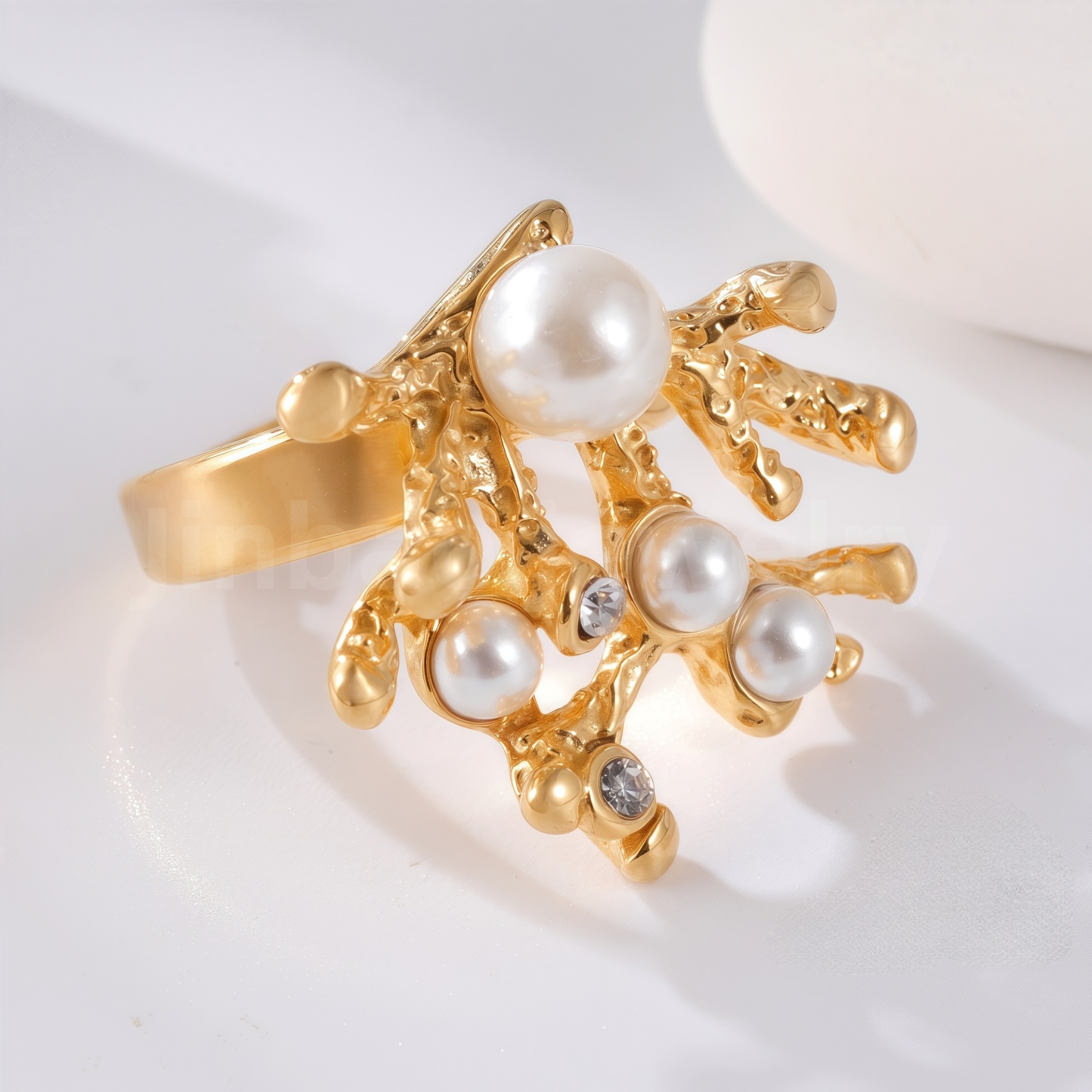 24K Gold-Plating Pearl Flower Stainless Steel Women's Ring-JinBaoJewerly