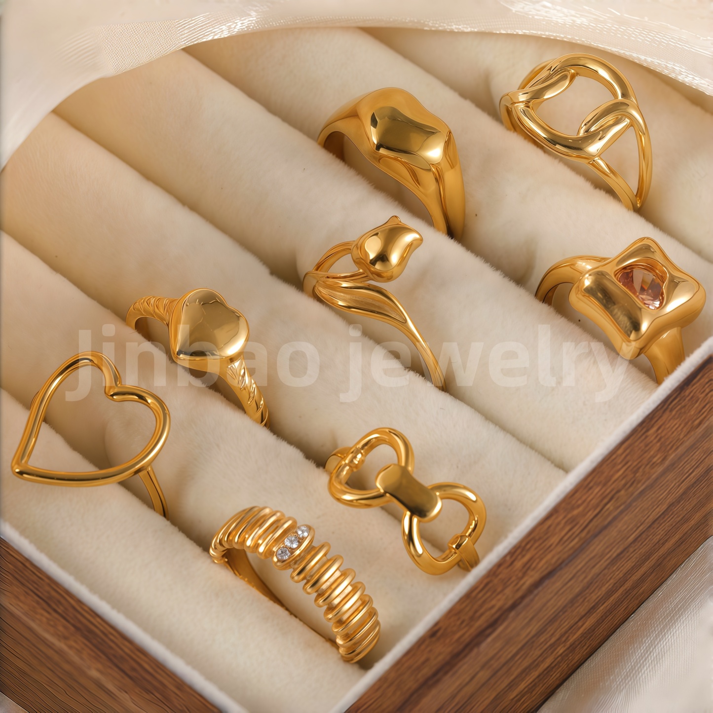 24K Gold PVD Stainless Steel Titanium Heart & Floral Women's Ring-JinBaoJewerly