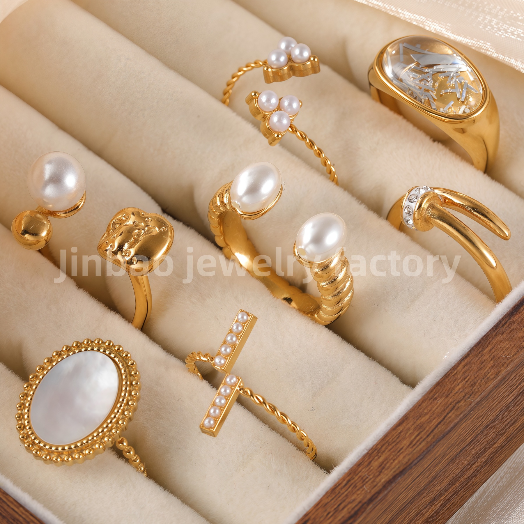 24K Gold PVD Stainless Steel Titanium Elegant Pearl Women's Ring-JinBaoJewerly