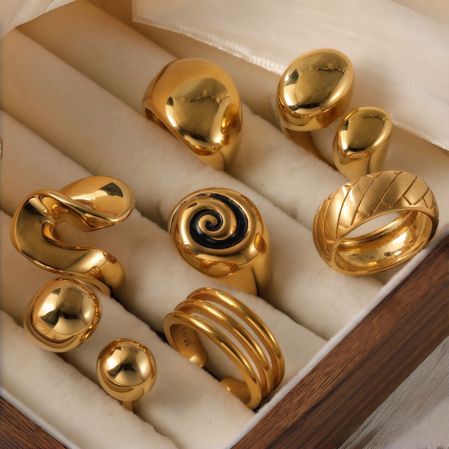 24K Gold PVD Stainless Steel Titanium Modern Sculpted Women's Ring